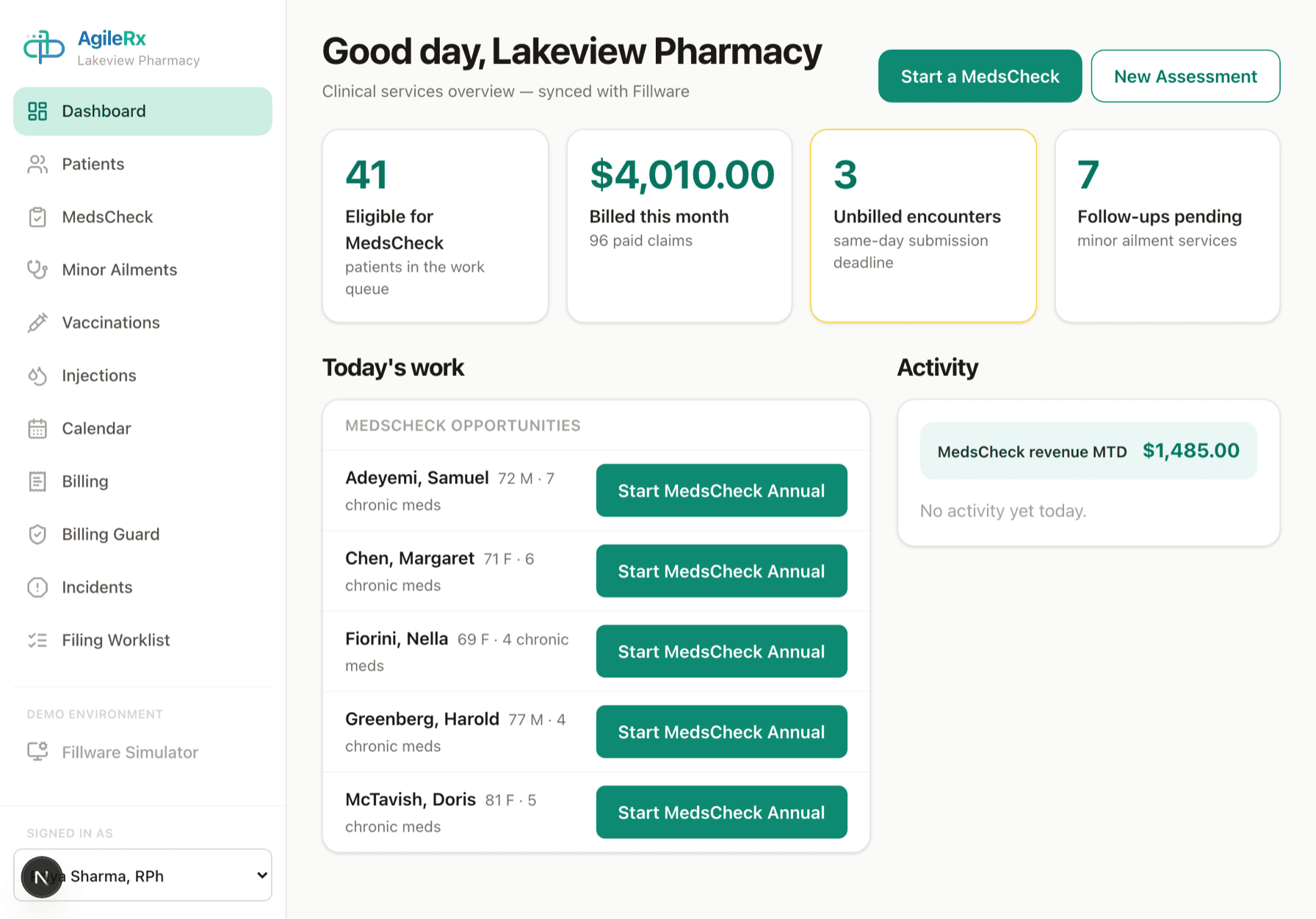 AgileRx running on an iPad: 41 patients eligible for a MedsCheck in the work queue, $4,010.00 billed this month across 96 paid claims, and one-tap “Start MedsCheck Annual” actions.